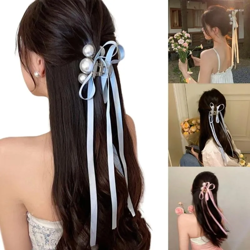 Grampos de cabelo fita arco slides ballet hairclip pérolas bowknot acessório colorido hairpin elegante bandana para mulher