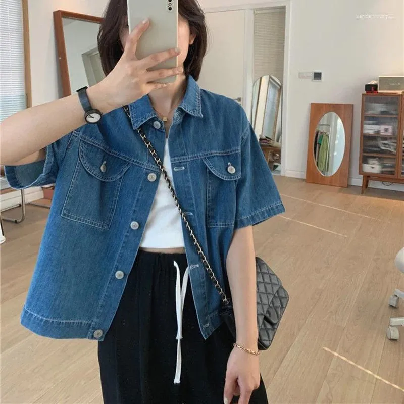 Women's Blouses Rimocy Short Sleeve Denim Shirt Korean Style Pockets Button Up Jean Jacket Woman Vintage Turn Down Collar Blouse Women