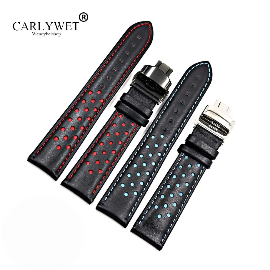 CARLYWET 20 22mm Pelle di vacchetta fatta a mano Nero Rosso Blu Sostituzione cinturino per orologio da polso Cinturino con doppia chiusura a pressione per Tag CARRERA276a