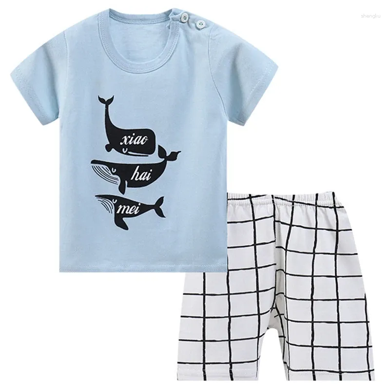 Set di abbigliamento Abbigliamento estivo per bambini Completi per ragazzo del bambino Casual Cartoon Simpatico delfino Cotone Top a maniche corte Pantaloncini scozzesi Baby BC1030