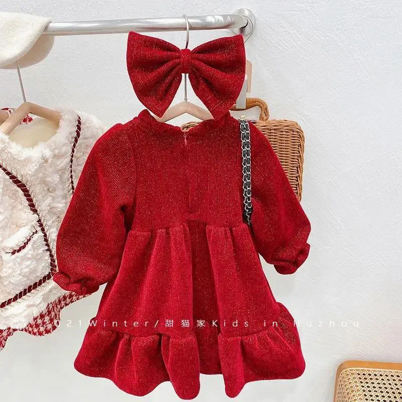 Mädchen Kleider Baby Herbst Kleid Winter Kleidung Samt Dicke Kinder Rot Langarm Prinzessin Weihnachten Kostenlose Schleife