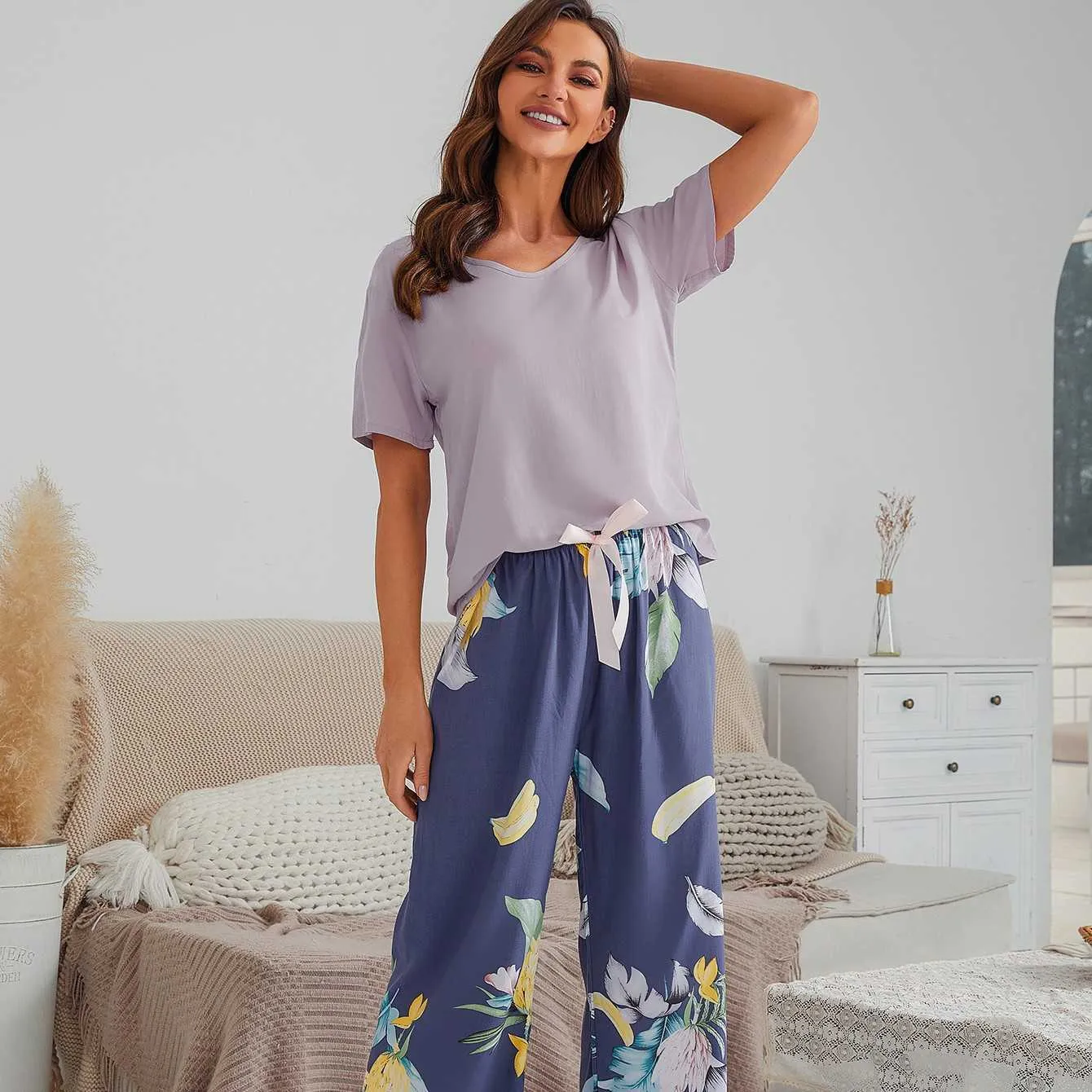 Summer Pajamas Set for Women Cotton Viscose Contrasting Color Short Sleeve Tops with Long Trousers Ladies Pj