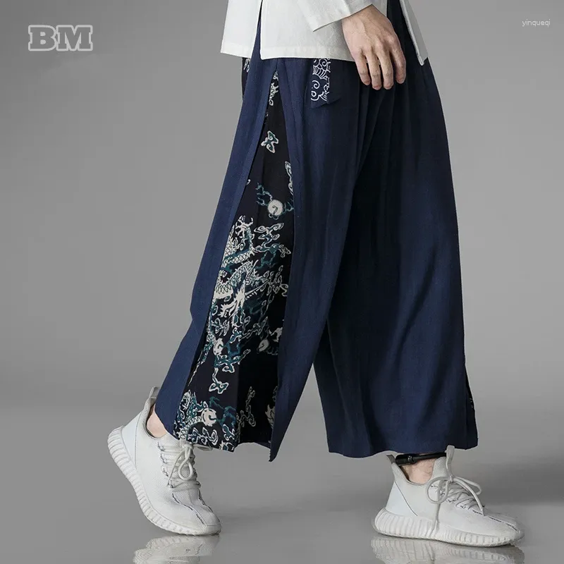 Męskie spodnie wiosna lato chińskie tradycyjne strój rozmiar szerokie dla mężczyzn odzież Owworazowa tai chi vintage patchwork dziewiąty