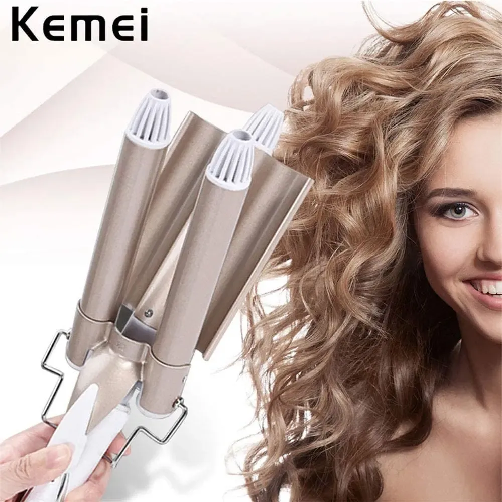 Irons Kemei Professional Curling Iron Ceramic Triple Barrel Hair Styler Hair Waver Styling Tools 110220v Hair Curler Electric Curling