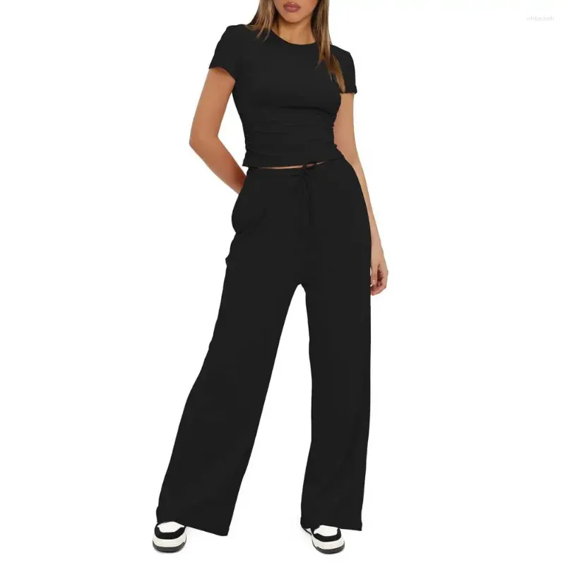 Women's Two Piece Pants Women Slim-fit Suit High Waist Yoga Set With Drawstring O Neck Top Breathable Activewear For Summer Fitness
