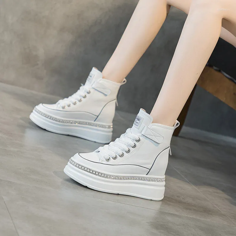 Casual Shoes 8cm Platform Wedge Sneakers Hidden Heel High Top äkta läderkvinnor Fashion Boots White