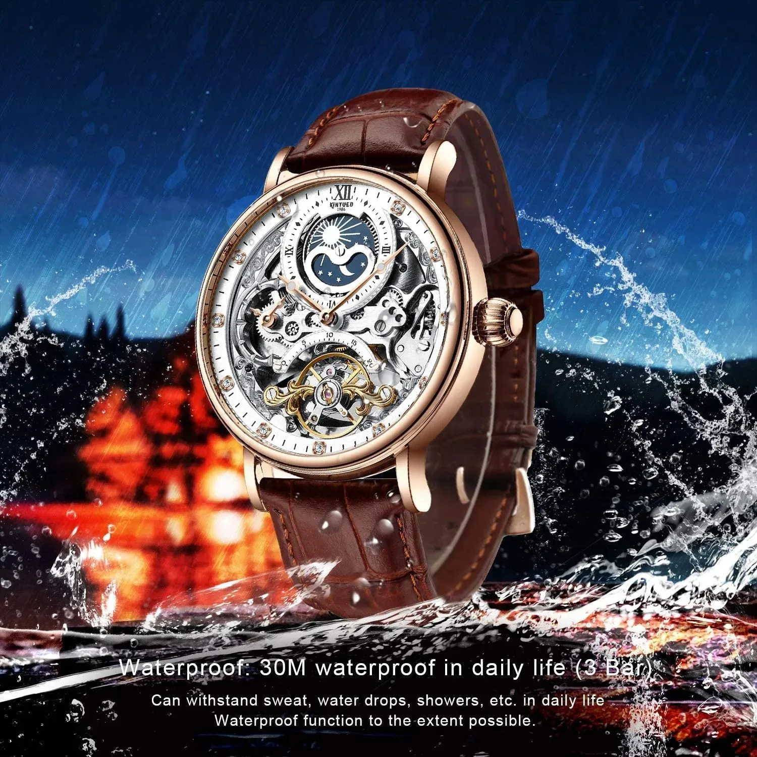 Mens Luxury Skeleton Automatic Mechanical Wrist Watches Leather Moon Phrase Luminous Hands Self-Wind Wristwatch228S