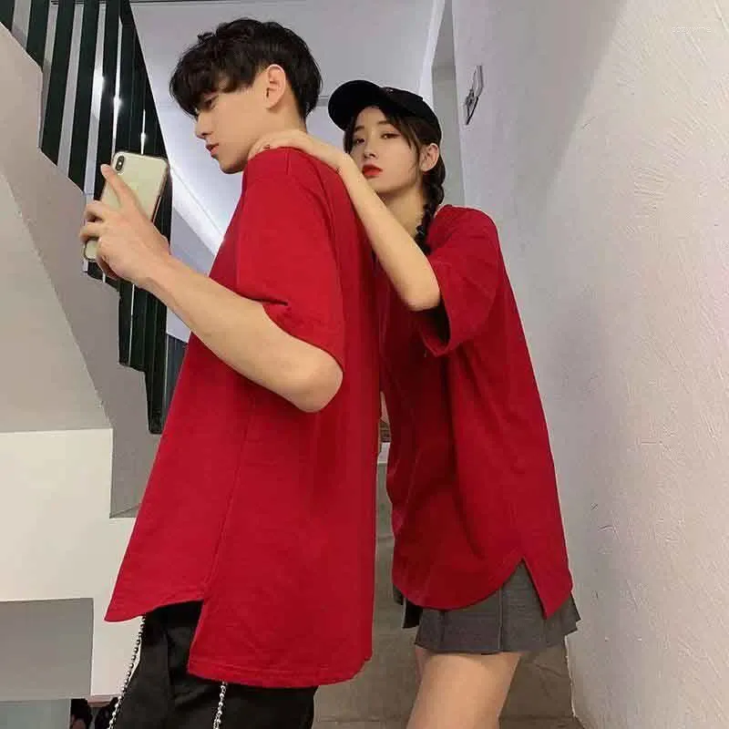 Men's T Shirts Summer Solid Short Sleeve O Neck Men Shirt Fashion Hem Slit Simple Harajuku All-match Oversized Couple Clothing Tops Red