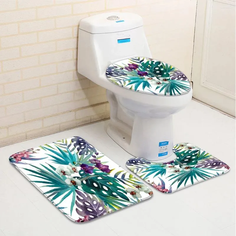 Bath Mats Set Of 3 Leaves Bathroom Rugs Tropical Rainforest Palm Green Low Pile Memory Foam Mat Toilet Cover U-Shaped Carpet