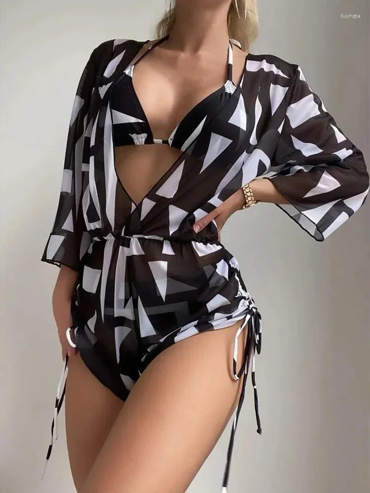 Women's Swimwear Women Geometric Print 3 Pieces Suit Drawstring Overalls Romper Cover-Up Bikini Swimsuit Push Up Bathing Suits Monokini