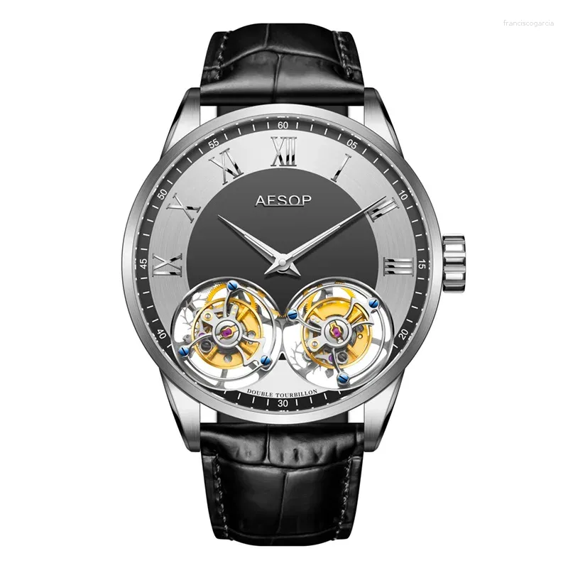 Relógios de pulso duplo tourbillon relógio automático mecânico safira espelho retro marca negócios homens relógio de pulso personalidade resistente relógio
