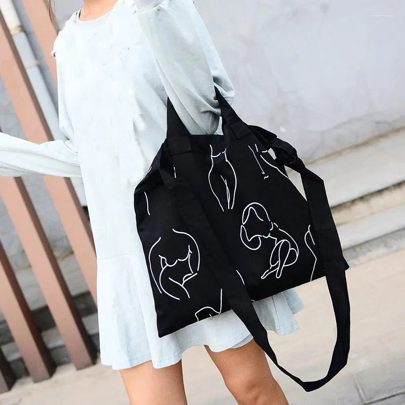 حقيبة أزياء الفتيات قماش بسيط خط النمط كروس البسيطة النساء حقيبة اليد الكتف غير الرسمي الأسود schoudertassen