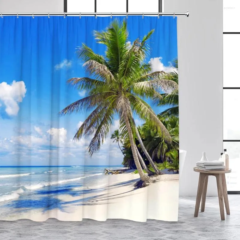 Rideaux de douche Rideau d'océan Paysage de bord de mer Plage Paysage naturel Palmier Été Soleil Polyester Tissu Imprimé Décor de salle de bain