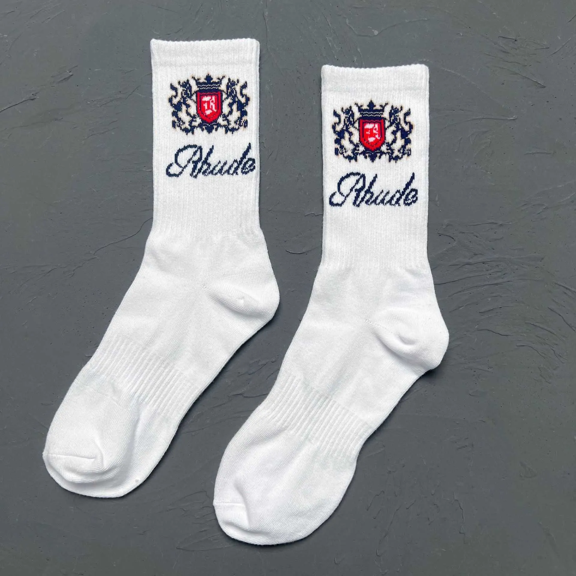 Luxur 23ss printemps/été nouveau Rhude couronne lettre florale Signature coton blanc sport chaussettes mi-longues pour hommes et femmes Instagram