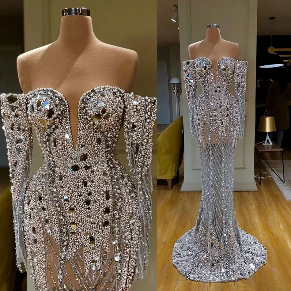 Nuevos y magníficos vestidos de fiesta de sirena con hombros descubiertos, cuello en V profundo, lentejuelas de manga larga, vestidos de perlas de cristal brillantes, tren de barrido, vestidos de fiesta, fiesta, ocasión especial