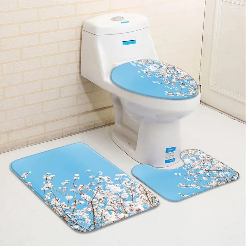 Bath Mats Flowers Mat Set Landscape Nature Scenery Spring Floral Butterflies Low Pile Flannel Rug Toilet Cover U-Shaped Carpet