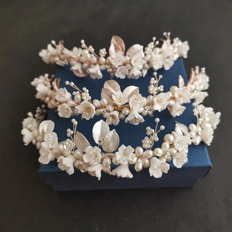 Slbridal Handmade Luxury S Freshwater Pearls Ceram Flower Bridal Tiara Wedding Brideshamids Crown Women Hair Y240311