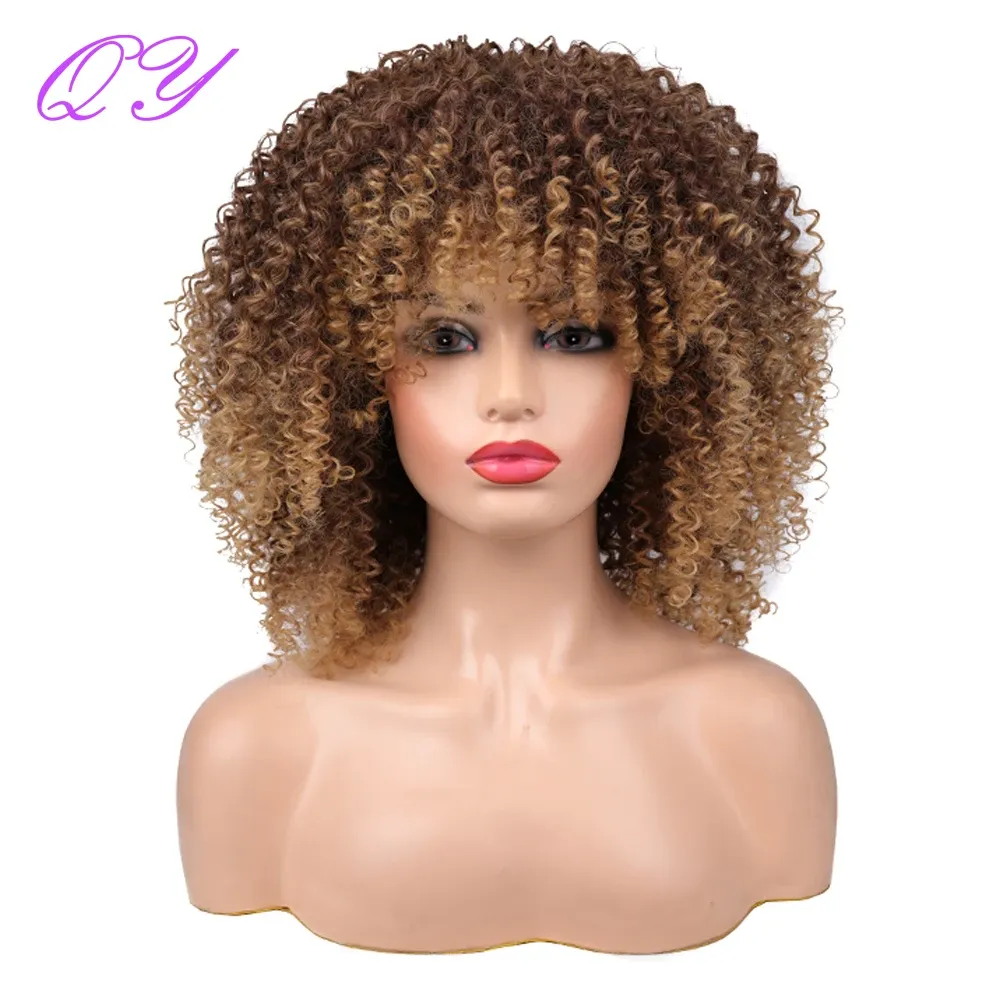 Parrucche 14''Capelli corti Parrucche sintetiche ricci afro crespi con frangia Ombre marroni per donne nere Cosplay o parrucca da donna resistente al calore quotidiana