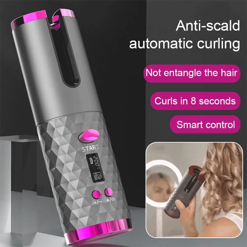 Ferri da stiro Bigodino per capelli multiautomatico wireless Ferro arricciacapelli LCD Ceramica rotante per capelli Waver Magic Curling Wand Ferri per capelli Styling