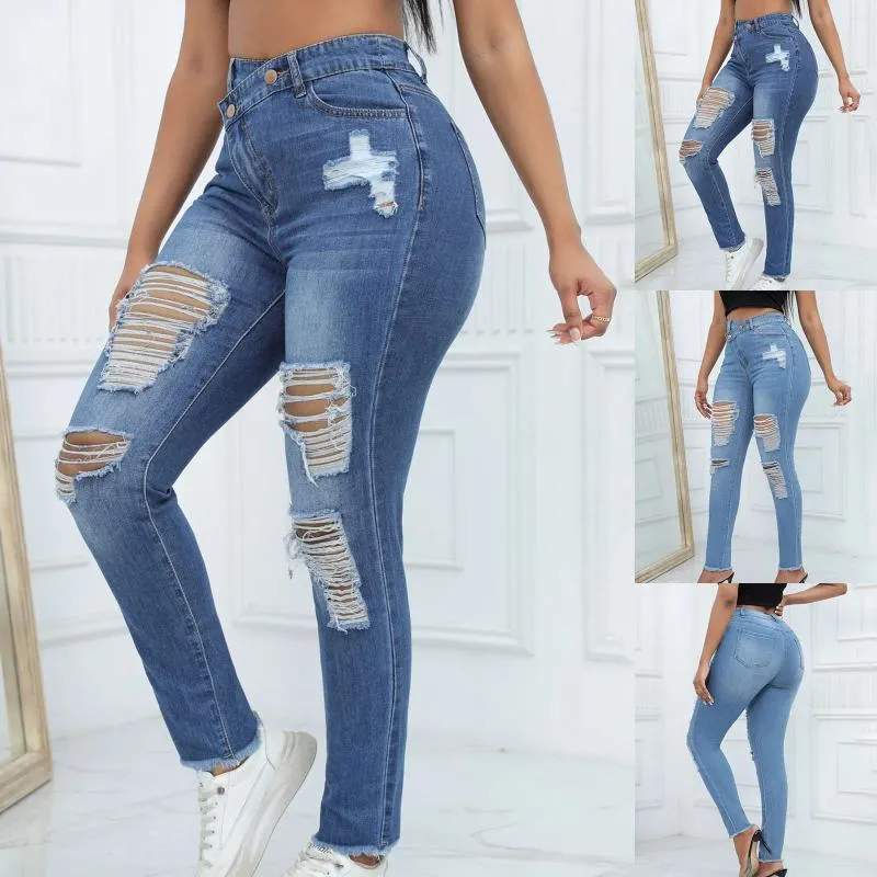 Женские джинсы, женские модные эластичные рваные рваные узкие джинсовые брюки с высокой талией, тонкие женские брюки на весну и осень, повседневные