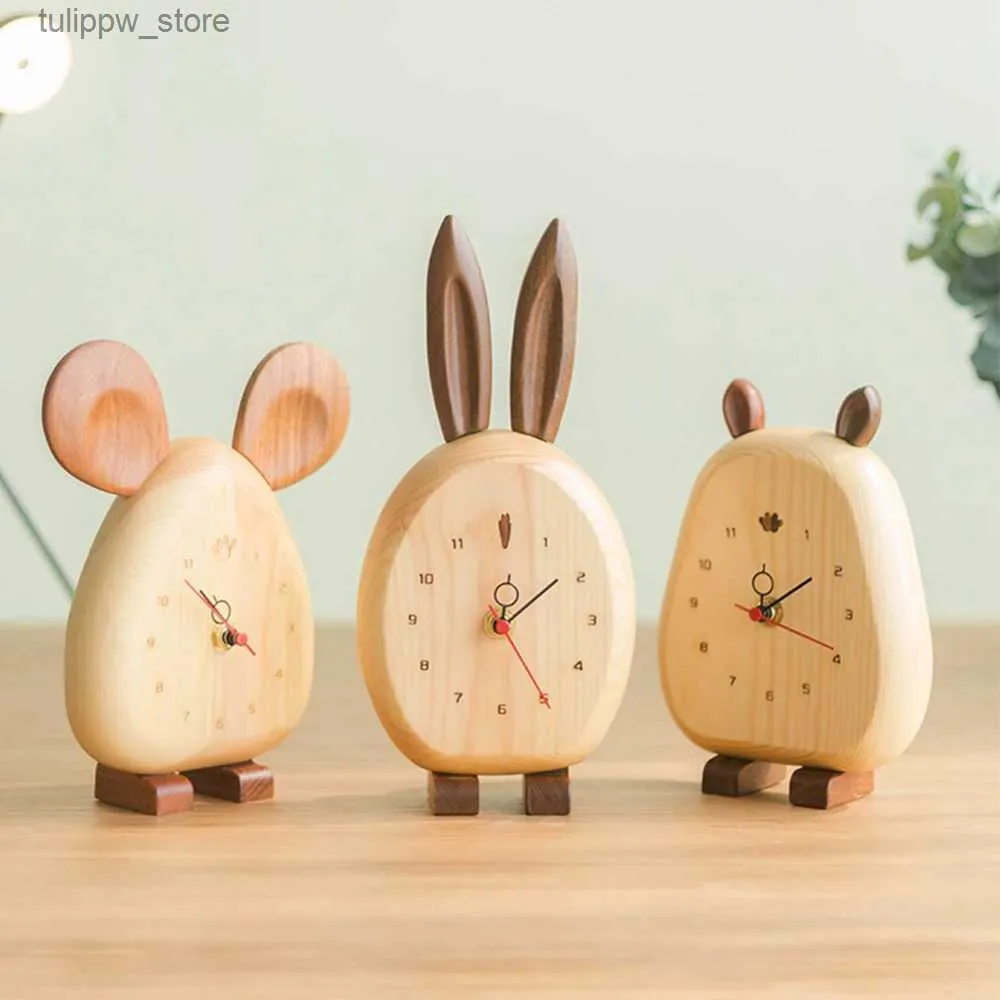 Bureau Tafelklokken Cartoon Bureauklok Digitale Naald Stopwatch Dempen Massief Hout Student Kinderen Nachtkastje Mini Houten Tafel Wekkers Geschenken L240323