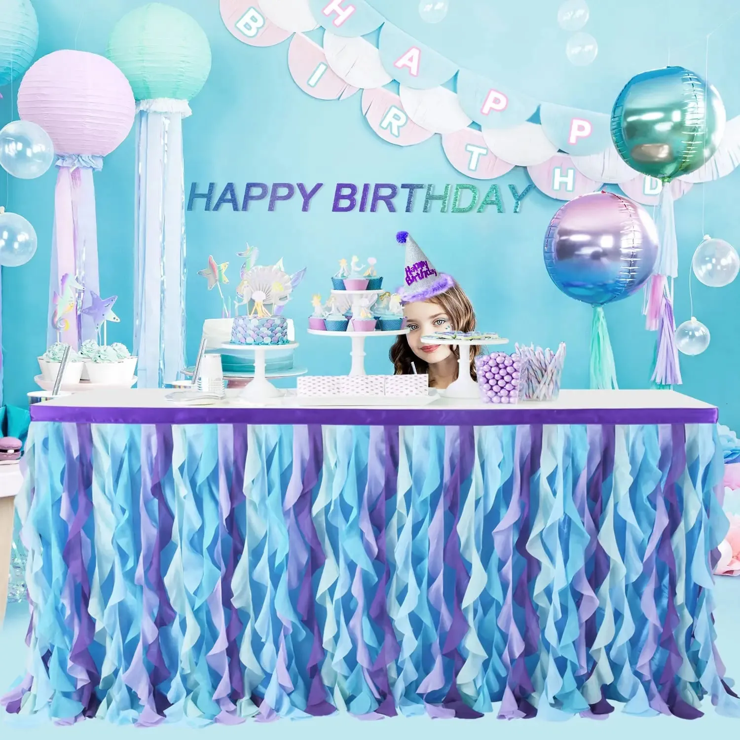 6 pies sirena unicornio falda de mesa de tul decoración de sauce rizado tema colorido paño de trapo para la decoración de cumpleaños de la fiesta de bodas 240322