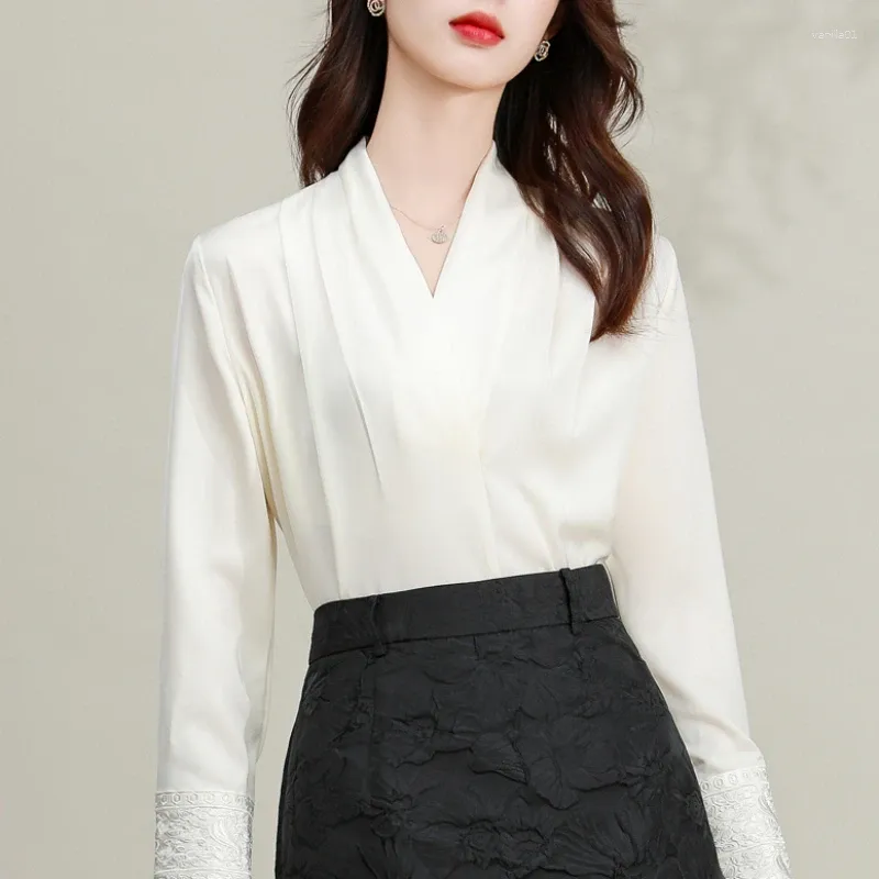Женские блузки, атласная рубашка в китайском стиле, шелковая винтажная однотонная одежда, свободные весенне-летние женские топы с v-образным вырезом YCMYUNYAN