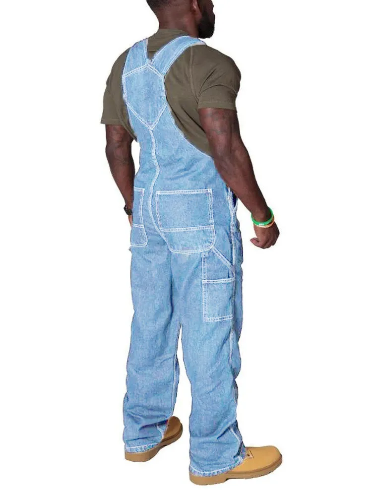 Spring Designer Man Pants Blue Straight Zipper Jeans Light Washed Motorcycle Mens Straps Denim Jean Jumpsuit Overalls Black Plus Size Usa