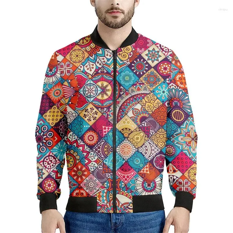 Jaquetas masculinas Bohemian Patchwork 3D Impresso Jaqueta Homens Étnico Floral Padrão Moletons Tops Mangas Compridas Primavera Outono Bomber Zipper Casacos