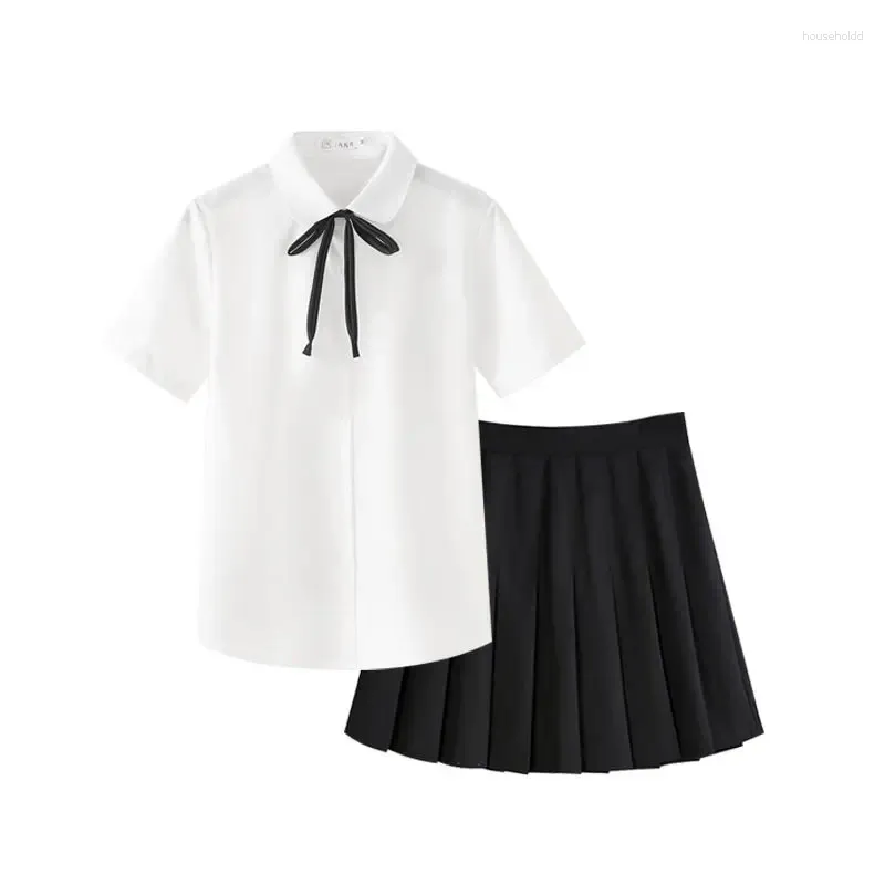 Work Dresses EBAIHUI Summer Preppy Style Japanese Uniform Shirt JK Pleated Skirt Set Short Sleeve Blouse Women's Top