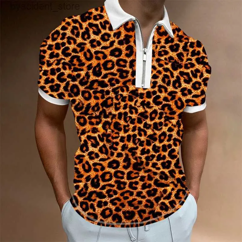 Polos masculinos 2022 Novo impressão de polo impressão dourada de roupas de leopardo amarelo homens soltos de manga curta Homme Social Men Club Camisa do baile S-5xl L240320