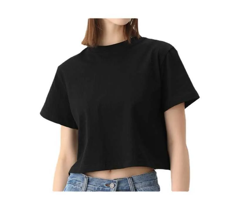 Kvinnors navelsträng ren bomullst-shirt sommar 100% kortärmad fast färg för kvinnor