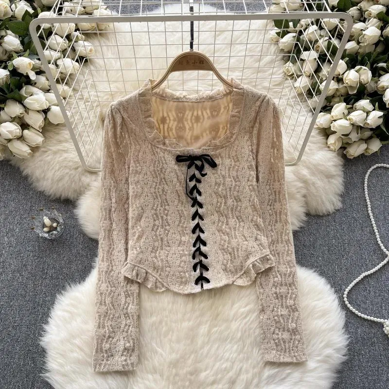 Women's Blouses Chic Elegant Blusen Damen 2024 Sweet Lace-up Lace Hook Flower Hollow Blouse Women Blusas Skinny Woman French Court Retro