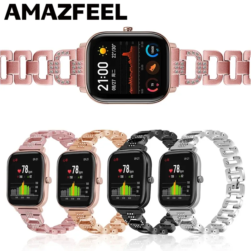 Aksesuarlar Huami için Kristal Elmas İzleme Kayışı Amazit Bip S lite BIP U GTS 2 MINI GTR Bileklik Galaxy Active 2 için 20mm Metal Bilek Bandı