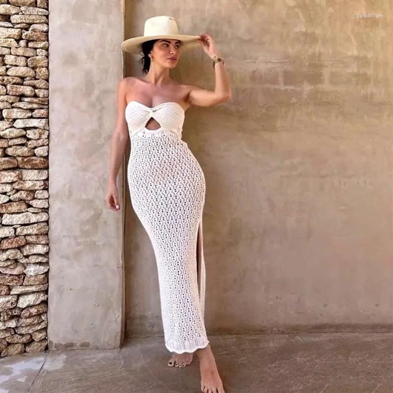 Kintted Bikini Cover Up Strand Sexy Off Shoulder Durchsichtig Maxi High Slit Bodycon Sommerkleid Badeanzug Cover-ups Robe