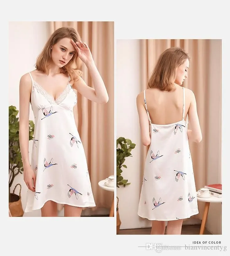 Nouvelle bonne qualité sexy chemises de nuit en soie femme spaghetti sangle courte chemise de nuit d'été femmes grue vêtements de nuit imprimés nuisettes 007