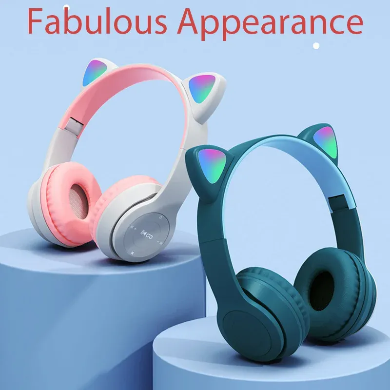 Socks Wireless Bluetooth Earset Cute Cat Ears Headphone with Mic Hifi Stereo Music Gamer Earbuds Flash Light Headset for Kid Girl Gift