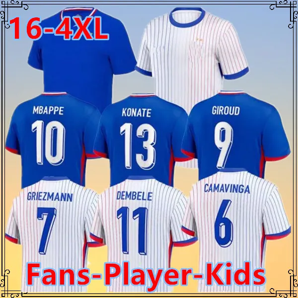 S-4XL 2024 Euro Cup French Jersey Mbappe Soccer Jerseys Dembele Coman Saliba Kante Maillot de Foot Equipe Maillots Griezmann Kids Men Women Play