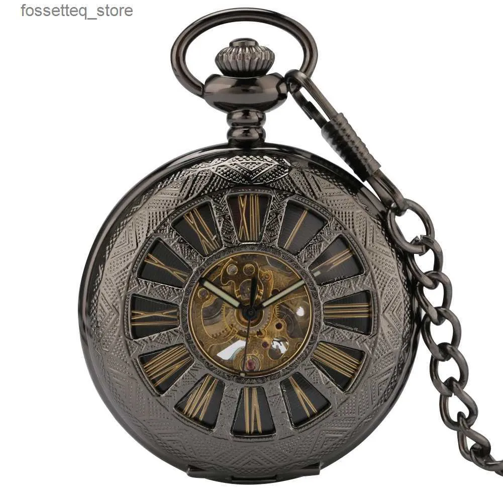 Relógios de bolso retro preto mecânico auto-vento mens bolso presente de natal transparente oco bolso corrente pingente luxo antigo relógio l240322