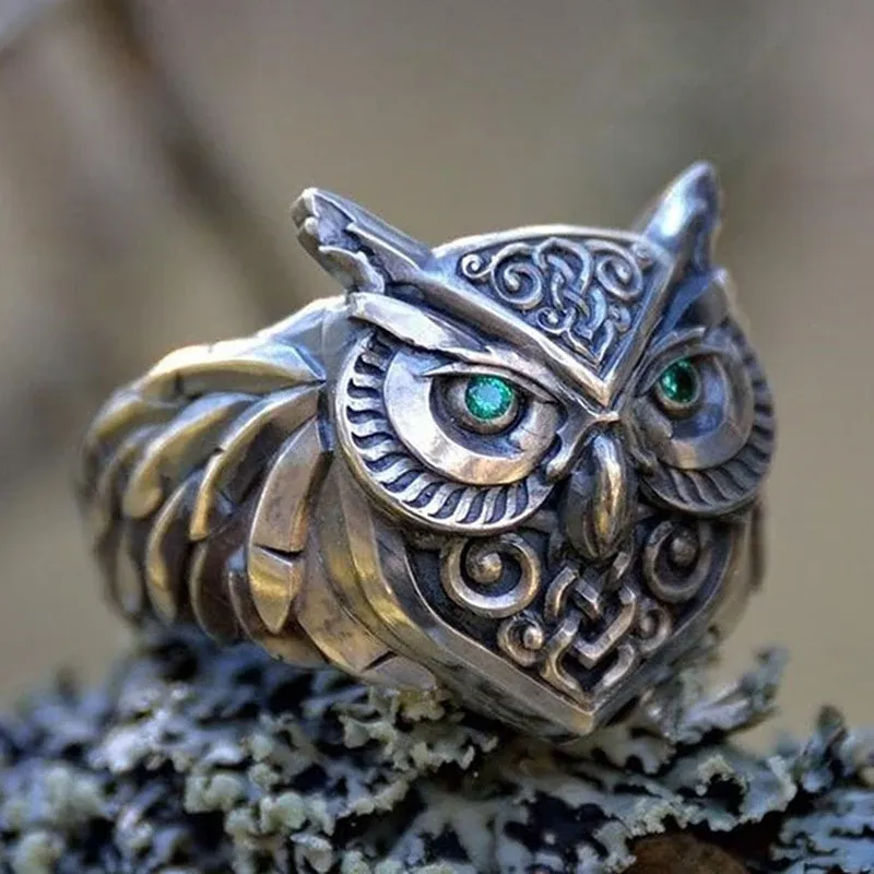 Bague rétro en or noir 14K avec hibou, œil vert, en alliage de laiton, Style ethnique classique, pour hommes et femmes, bijoux à la mode, cadeaux