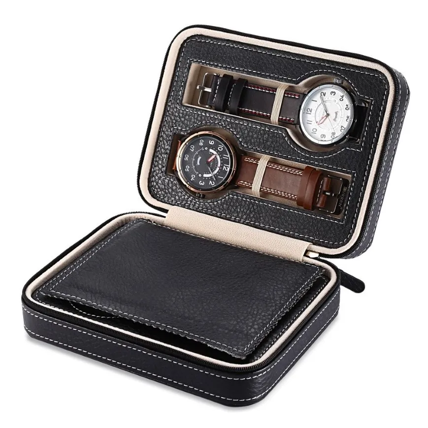 4 grilles boîte de montre en cuir PU étui de rangement de voyage boîte de montre-bracelet à fermeture éclair support organisateur pour horloge montres boîtes à bijoux Display2350