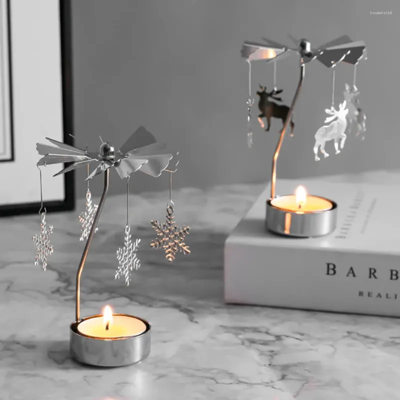 Candle Holders Rotating Holder Metal Silver Tealight 5 Inch Stand For Wedding Party Christmas Snowflake And Deer Pattern