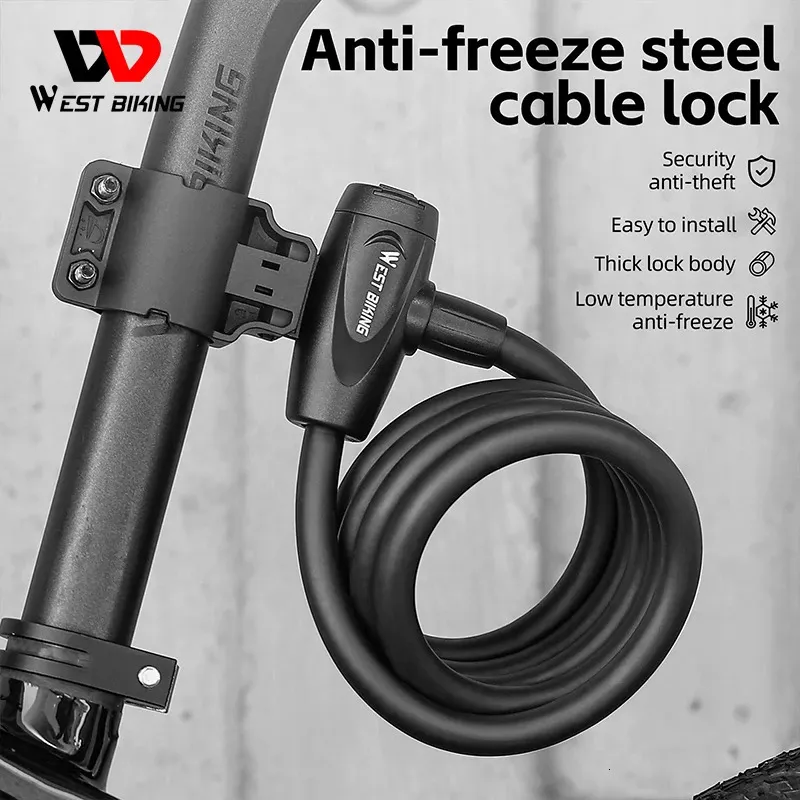 West Cykling Antifrezing Bicycle Cable Lock Portable Anti-THE Bike Wire Lock med 2 nycklar E-cykel Scooter Motorcykel Säkerhetslås 240308