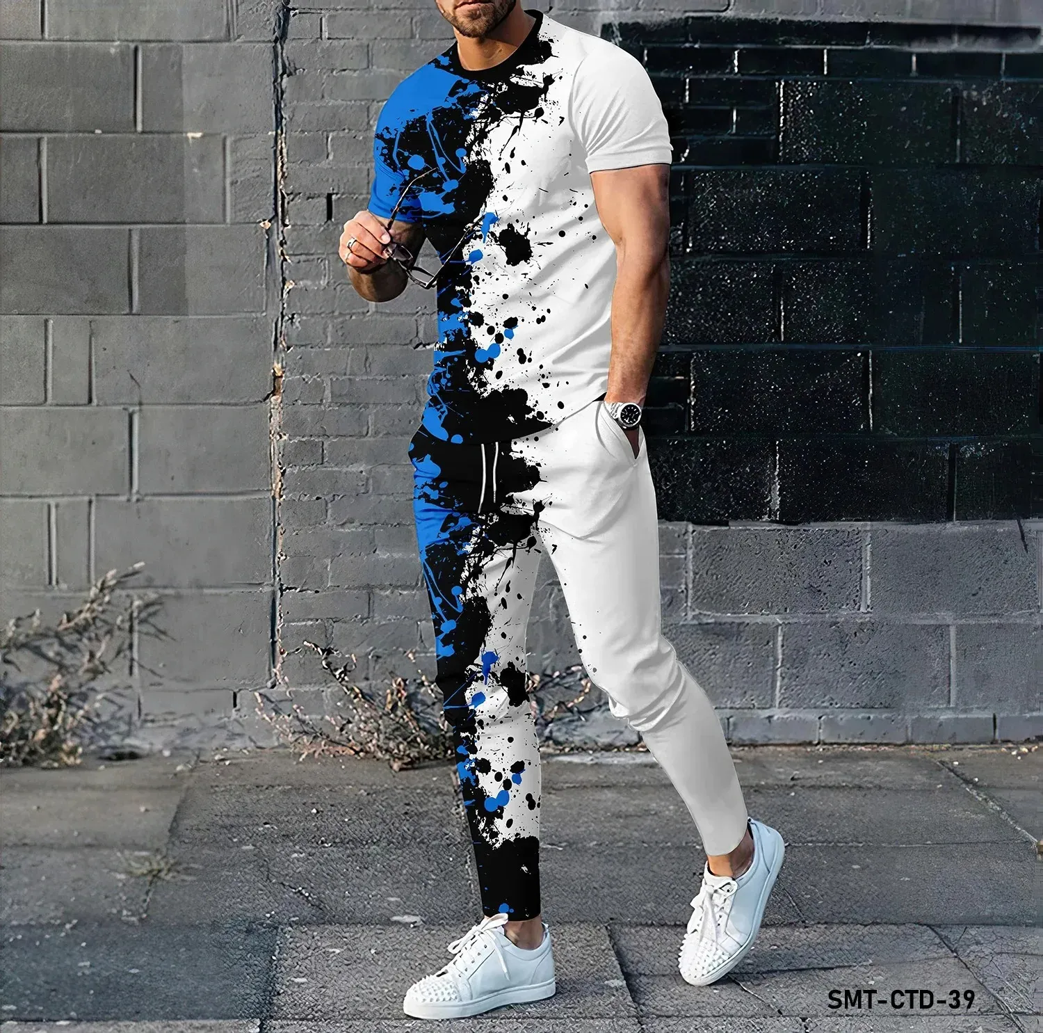 Set di tute da uomo estive Set di graffiti punteggiati Stampa 3D T-shirt a maniche corte moda Pantaloni Tute Set di abbigliamento da jogging da uomo 240322