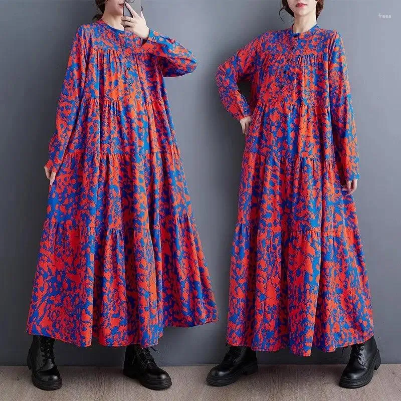 Casual Dresses Clothes 2024 Autumn Korean Style Temperament Colorful Shirt Long Dress Fashion Trendy Loose Large Size Women's Z3345