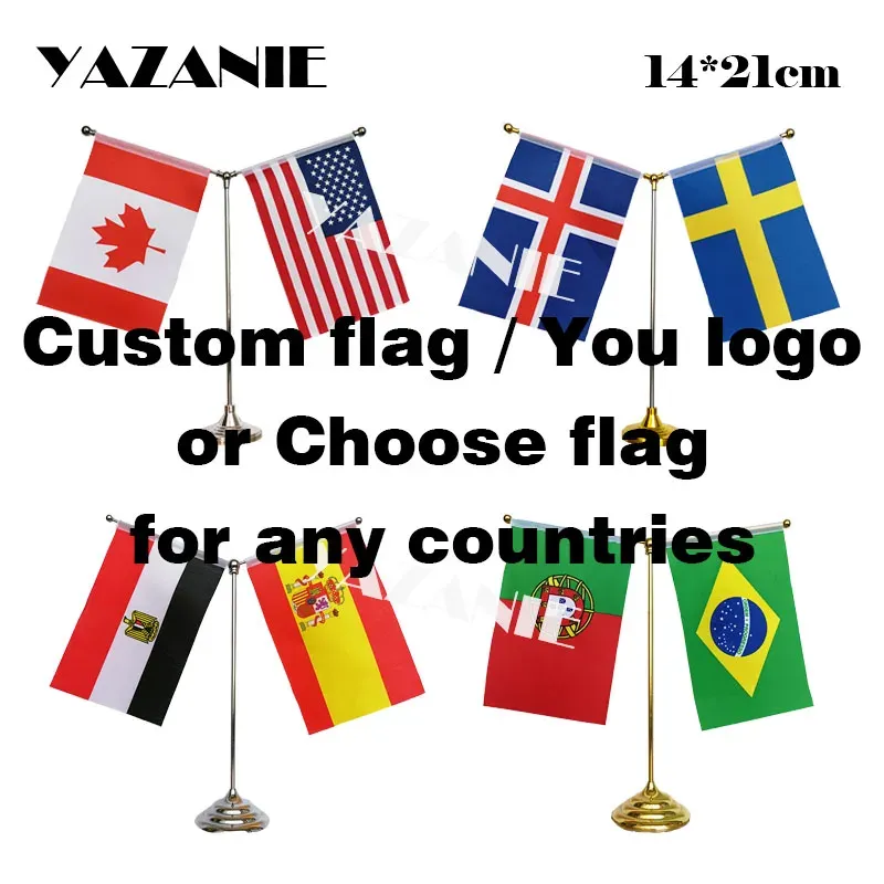 アクセサリーYazanie 14*21cm World Country Table Flag with Golden Silver Metal Base Flagpole Polyest Office Desk Flag and Banners