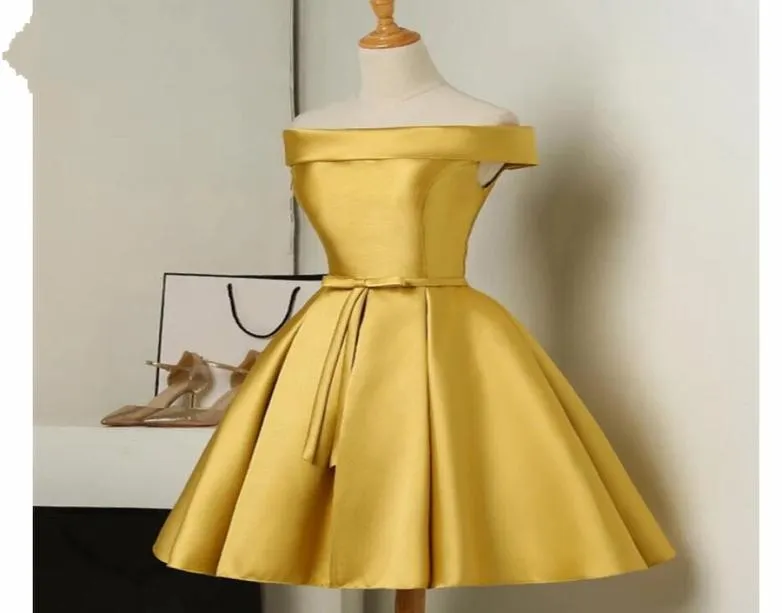 Simple Gold Short Under 100 Prom Homecoming Dresses Evening Gowns Off the shoulder with Sleeves Bows Party Pageant Club Cocktail D7683920