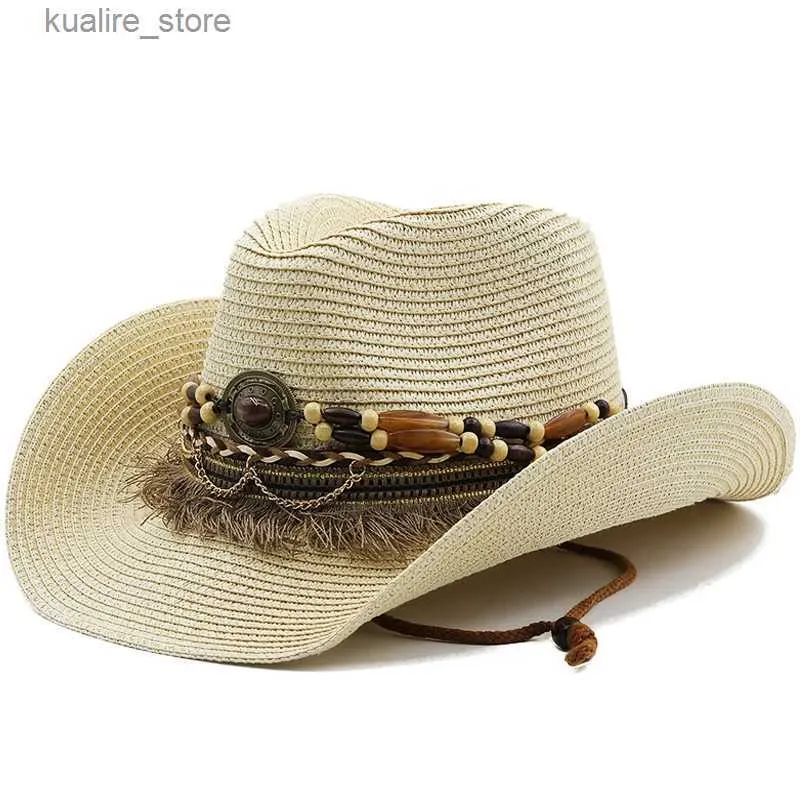 Wide Brim Hats Bucket Hats New Shell Tassels cowboy Straw Hats Summer Cooling Beach Sun Hat for Women Men Trendy Woven Breathable Sun Protection Jazz Hat L240322
