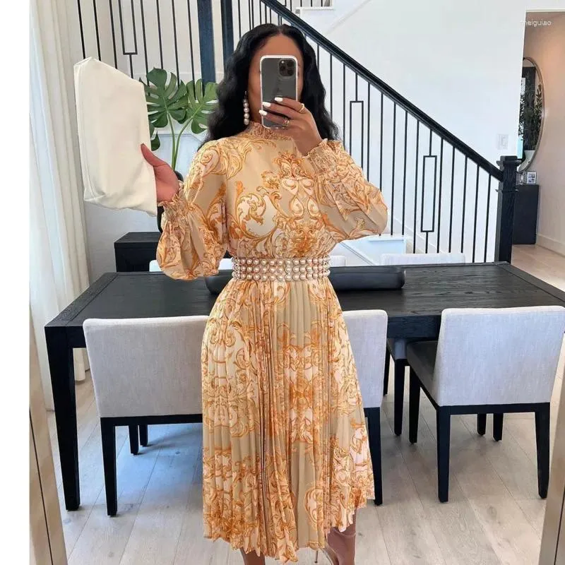 Casual Dresses African Print Dress Fashion Pearl Belt Printed Pleated Lantern Sleeves Chiffon Half High Neck Loose Female No