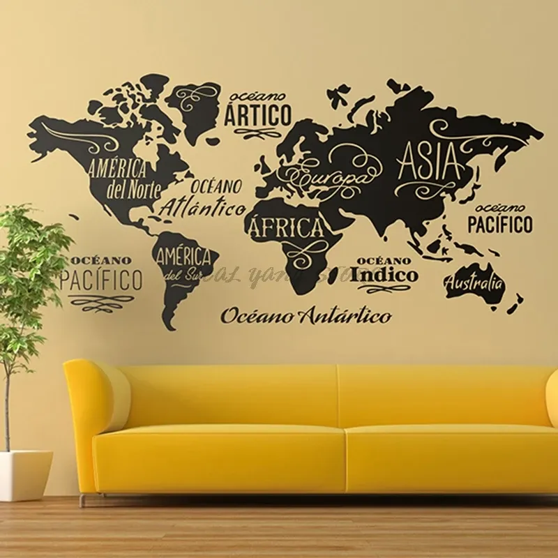 Autocollants Grande carte du monde autocollant mural contour carte du monde autocollant maison chambre salon décor amovible adhésif vinyle Mural B2022